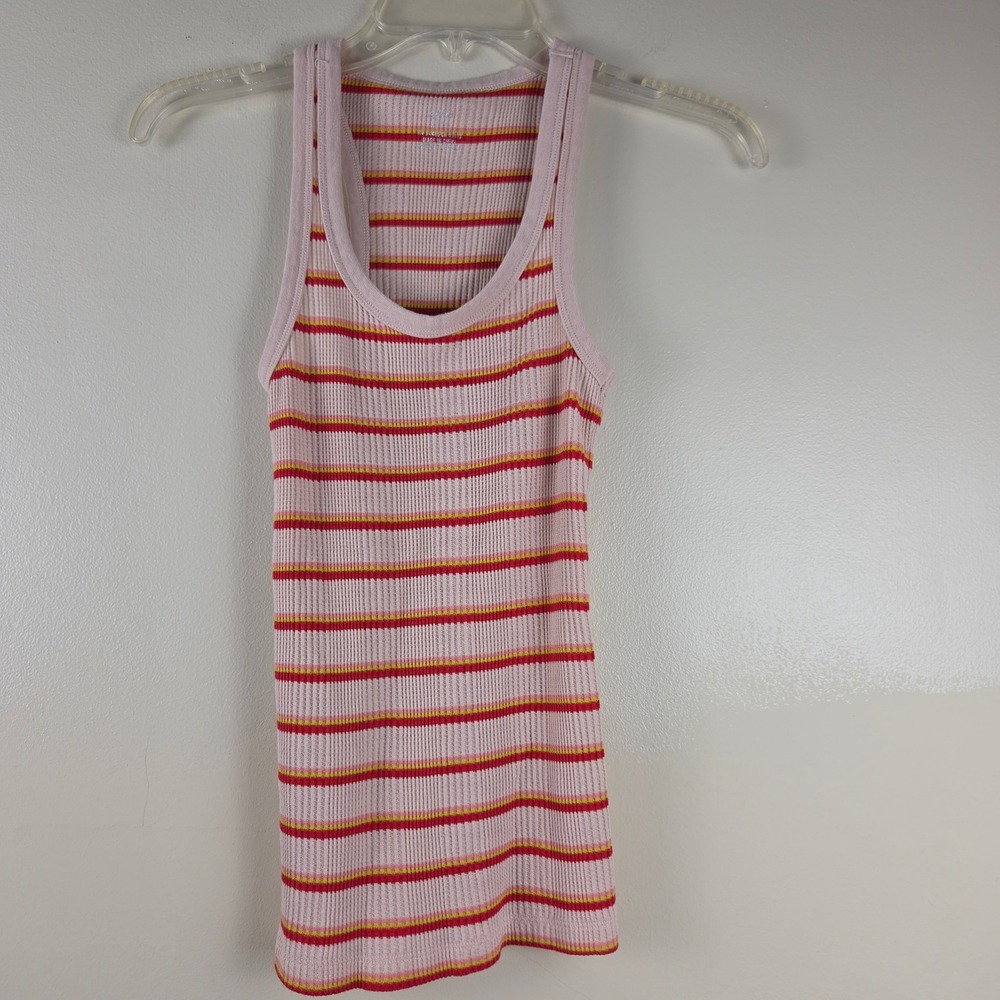 Aerie Pink Striped Waffle Knit Ribbed Scoop Neck Tank Top XS Y2k, Soft Girl